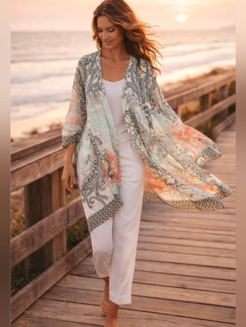 Soft Surroundings Muse Kimpno Women Cardigan Paisley Print Sequin Sheer